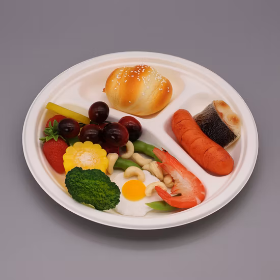 10&prime;&prime; Customizable Bagasse Round Plate with 3 Compartments Biodegradable Material Compostable Tableware Factory Supply