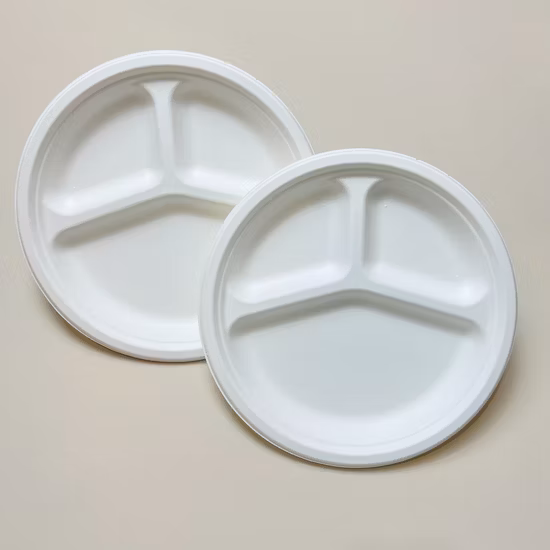 10&prime;&prime; Customizable Bagasse Round Plate with 3 Compartments Biodegradable Material Compostable Tableware Factory Supply